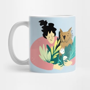 Girl hugging dog and florals Mug